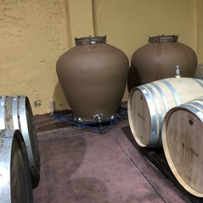 Clay and oak barrels in the cellar at Darling Cellars