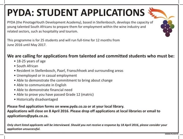 Pinotage Youth Development Academy: Student applications | wine.co.za
